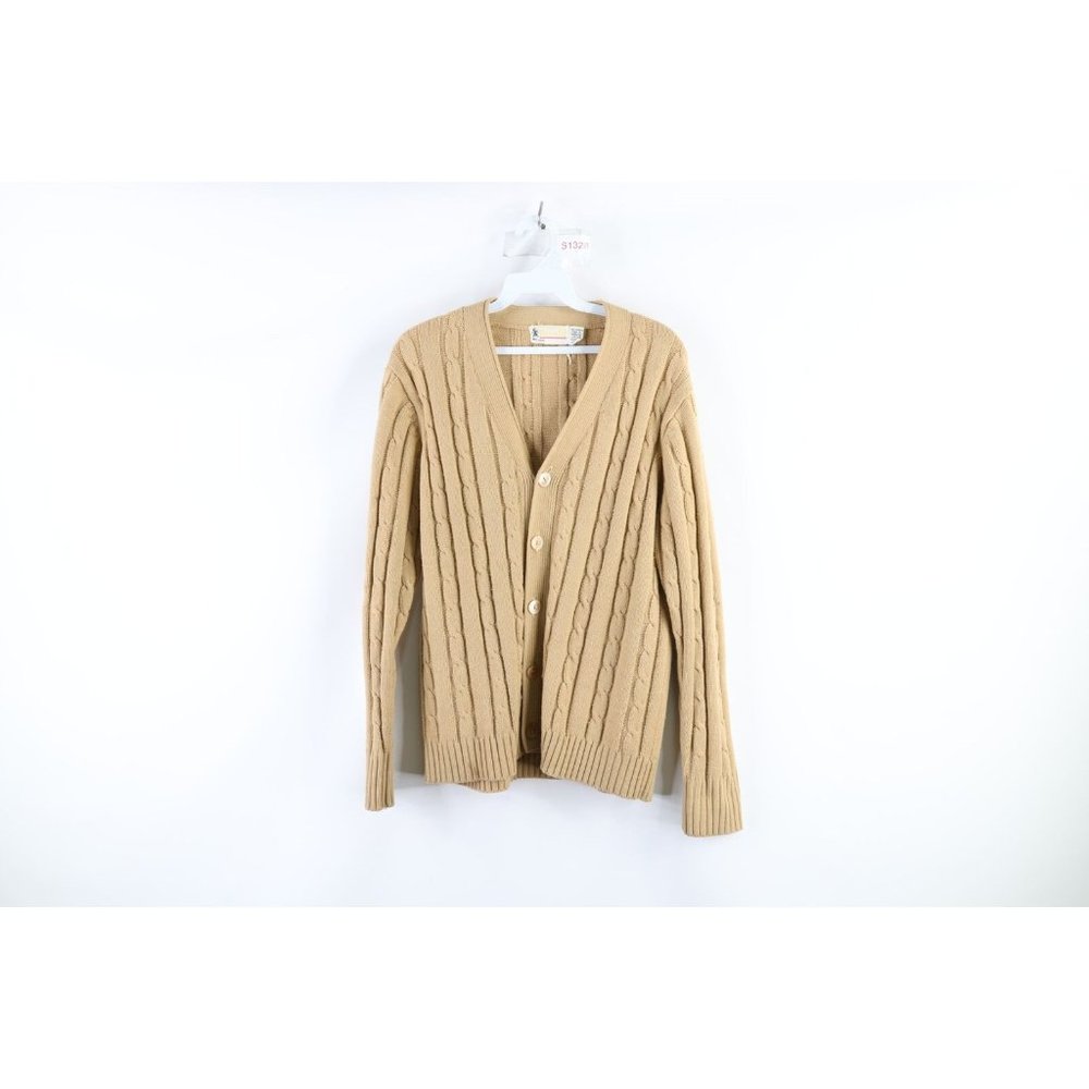 Vtg 70s Streetwear Womens Large Cable Knit Kurt Cobain Cardigan Sweater Beige